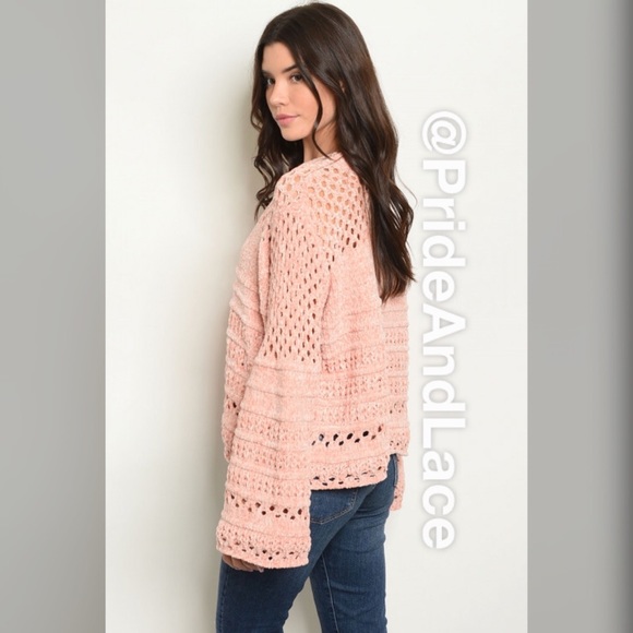 LAST 1Pink Chenille Laser Cut Bell Sleeve Sweater - Picture 2 of 2